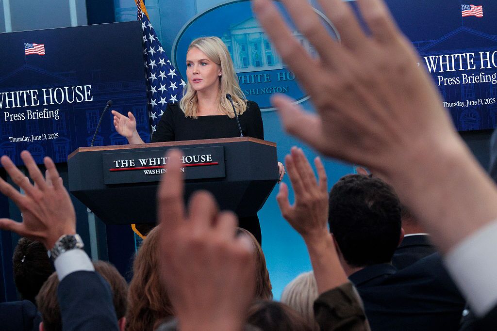 White House press secretary Karoline Leavitt takes questions from reporters during a press briefing at the White House in June 2025.